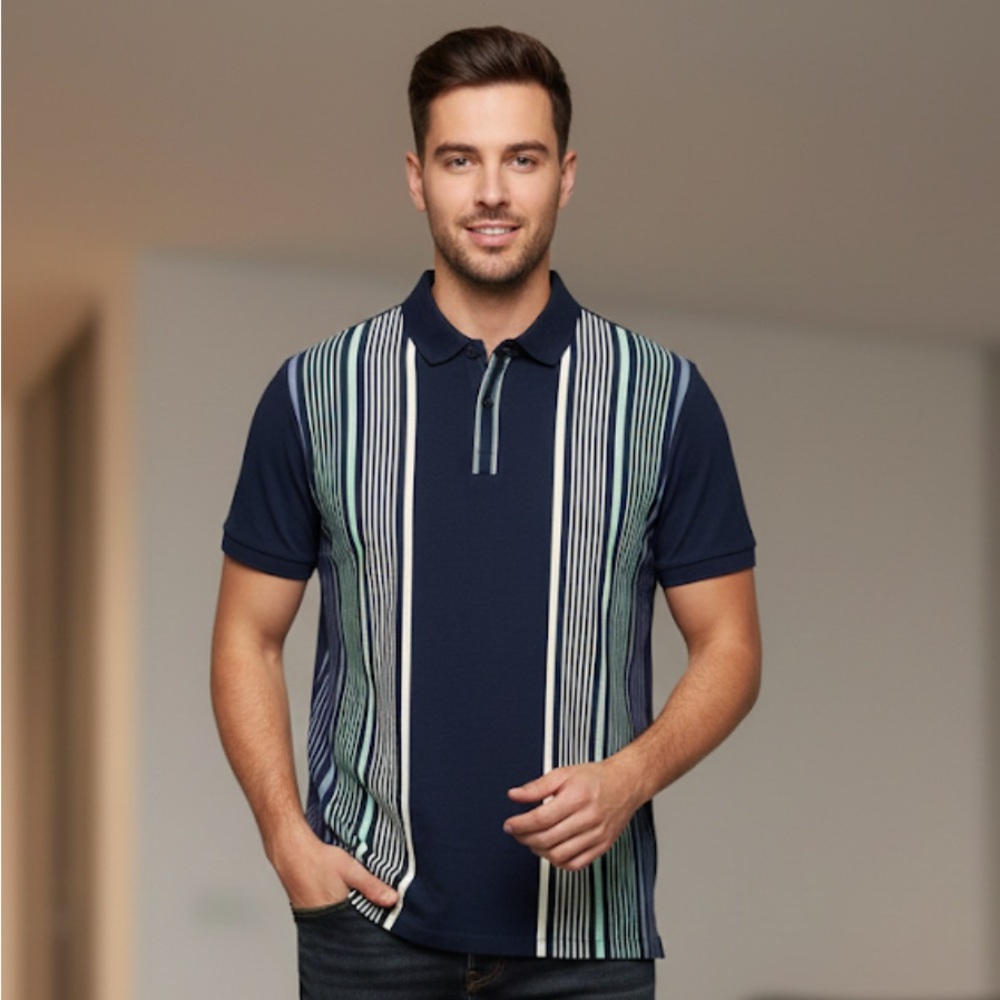 Express Men's Polo with Navy and Green Stripes / Size XL